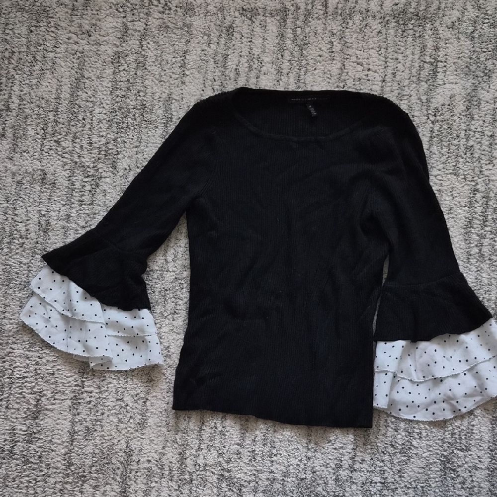 White House Black Market Black Knit Top with White Polka Dot Ruffle Sleeves